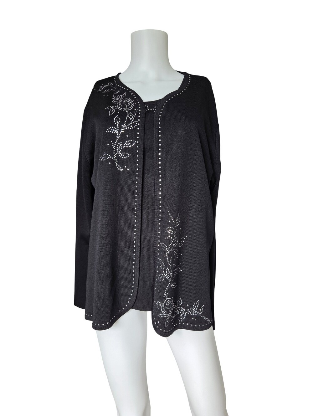 Exclusively Misook Set Cardigan Tank Black Rhinestone Floral Office Slinky Knit
